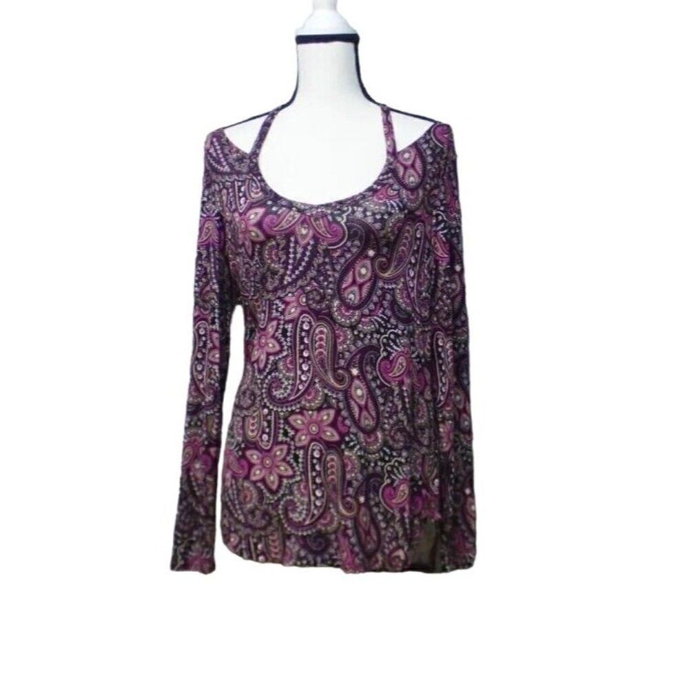 Ultra Flirt Junior's Cold Collar Printed Long Sleeved Top, L, Purple Pasley